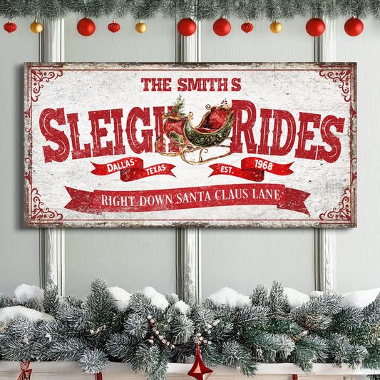 Canvas sign Sleigh Rides IV with vintage red lettering and sleigh motif on rustic backdrop on Tampa Home & Garden Store