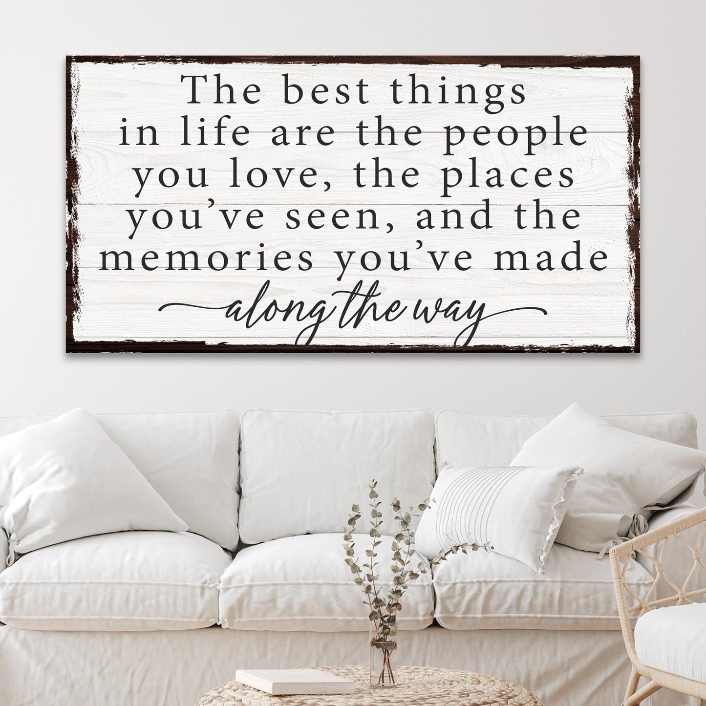 The Best Things In Life Sign IV canvas wall art on whitewashed wood with rustic brown frame on Tampa Home & Garden Store
