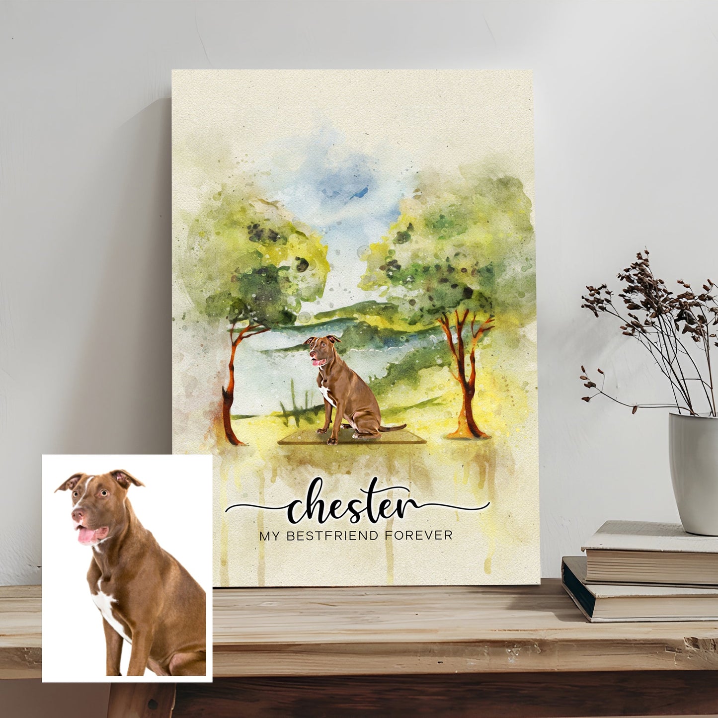 Pet memorial watercolor sign canvas with a brown dog in a sunny landscape on Tampa Home & Garden Store