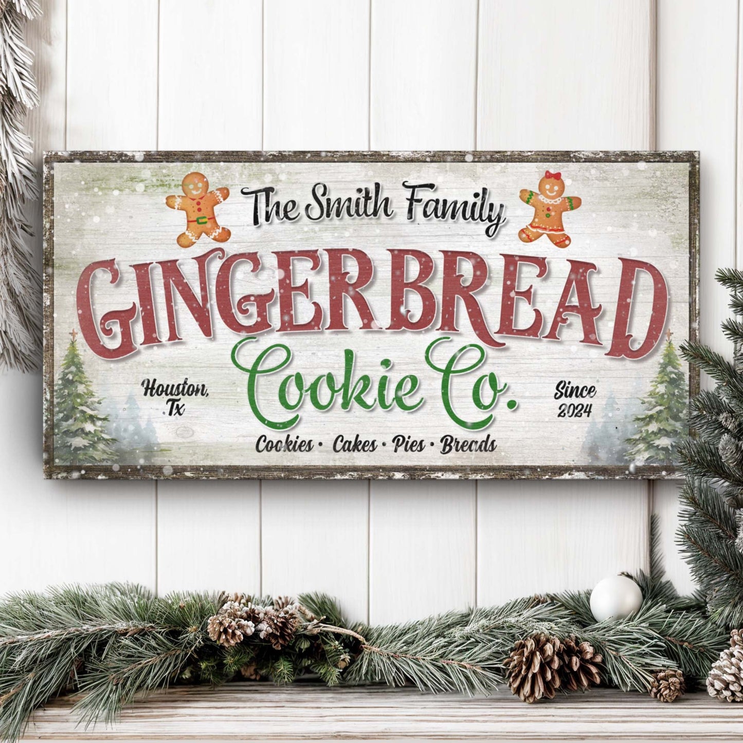 Canvas sign Family Gingerbread Christmas Sign III with rustic wood frame and two gingerbread figures on Tampa Home & Garden Store