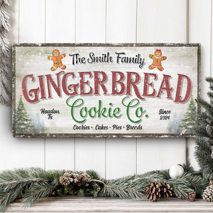 Canvas sign Family Gingerbread Christmas Sign III with rustic wood frame and two gingerbread figures on Tampa Home & Garden Store