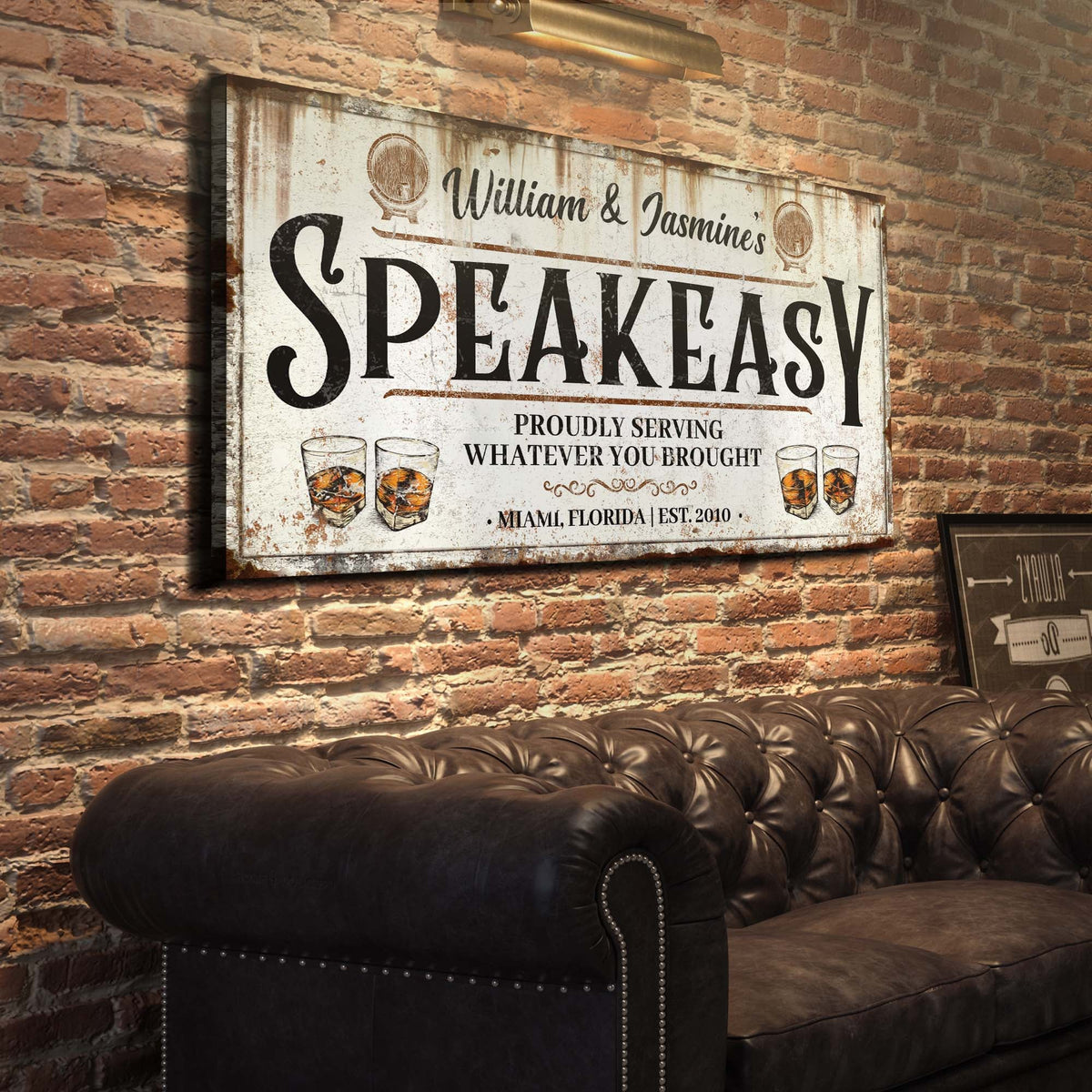 Speakeasy Sign V canvas sign with weathered look and bold black lettering Tailored Canvases on Tampa Home & Garden Store