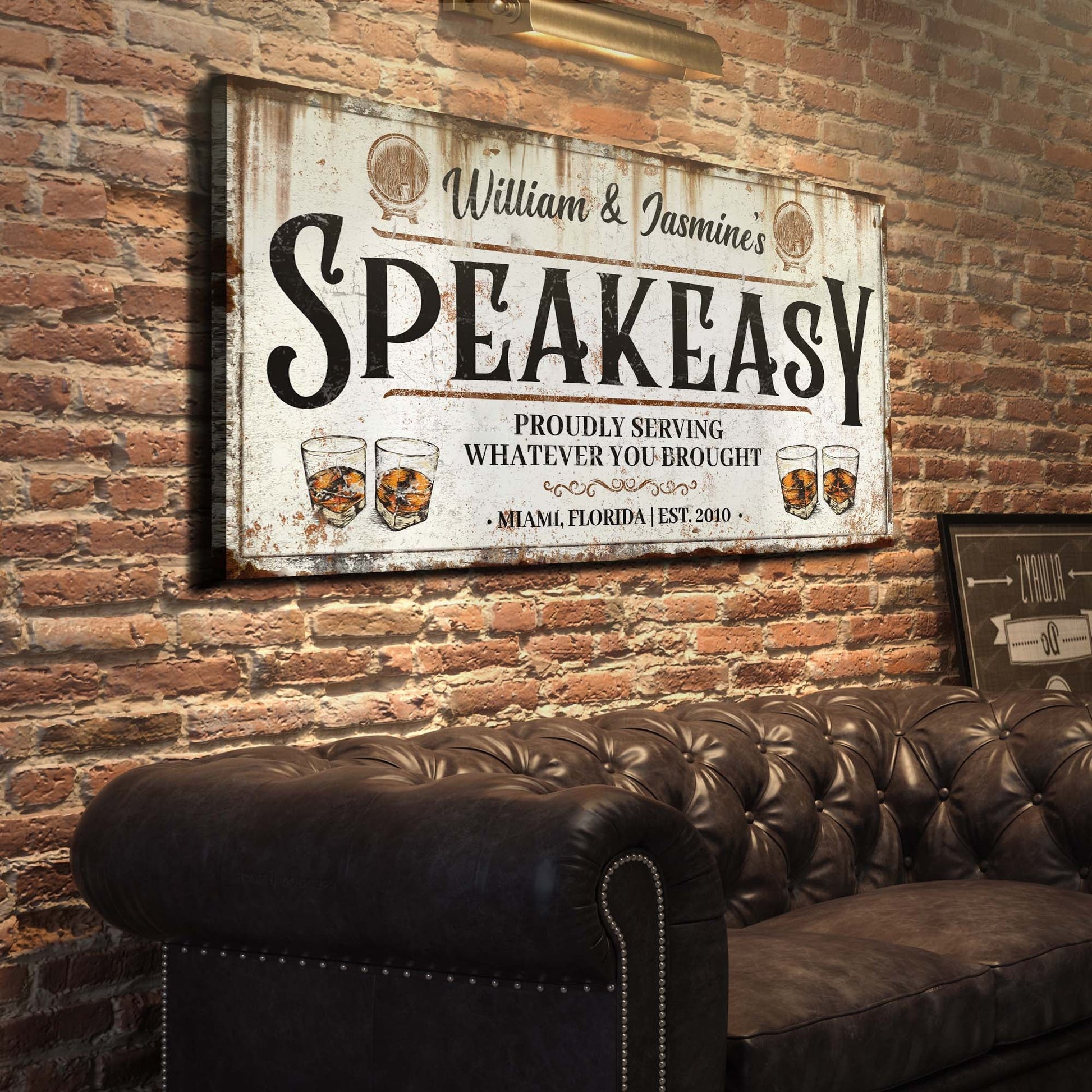 Speakeasy Sign V canvas sign with weathered look and bold black lettering Tailored Canvases on Tampa Home & Garden Store