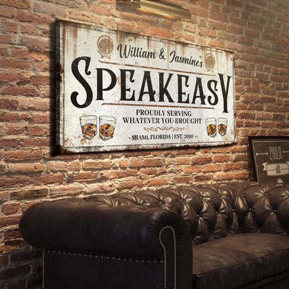Speakeasy Sign V canvas sign with weathered look and bold black lettering Tailored Canvases on Tampa Home & Garden Store