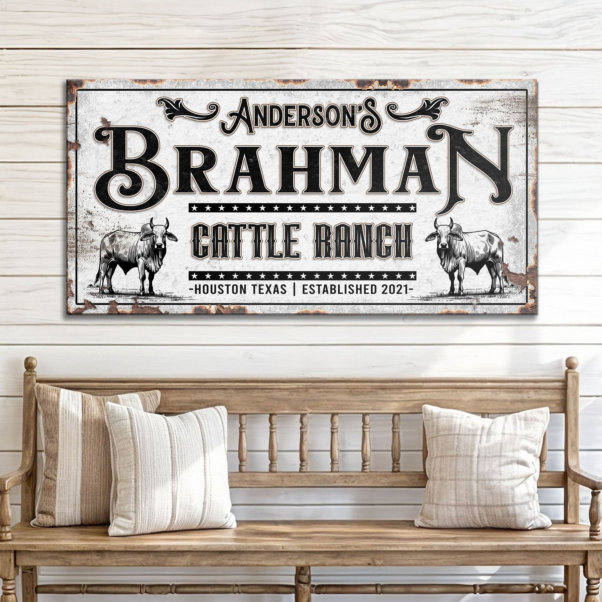 Personalized Brahman cattle sign canvas with distressed vintage ranch styling on Tampa Home & Garden Store