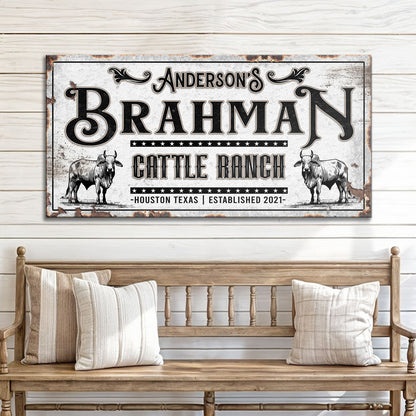 Personalized Brahman cattle sign canvas with distressed vintage ranch styling on Tampa Home & Garden Store