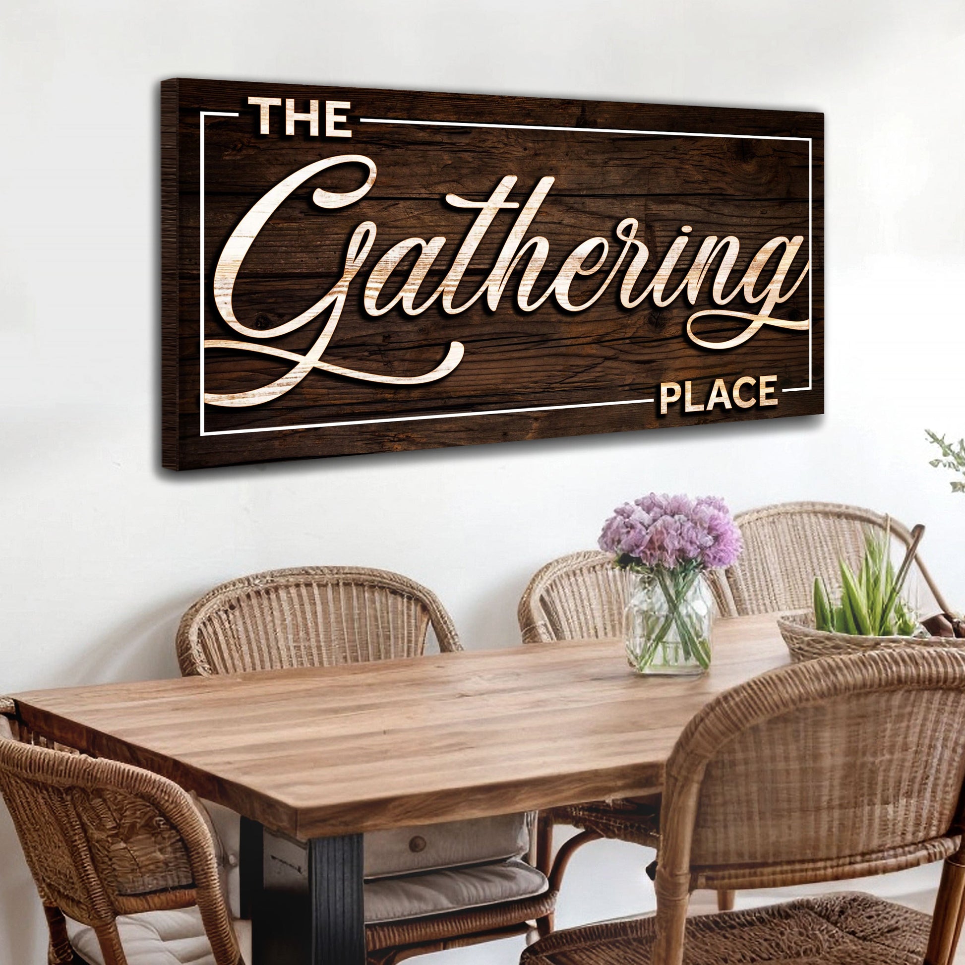 The Gathering Place canvas sign with dark wood grain and white border Tailored Canvases on Tampa Home & Garden Store