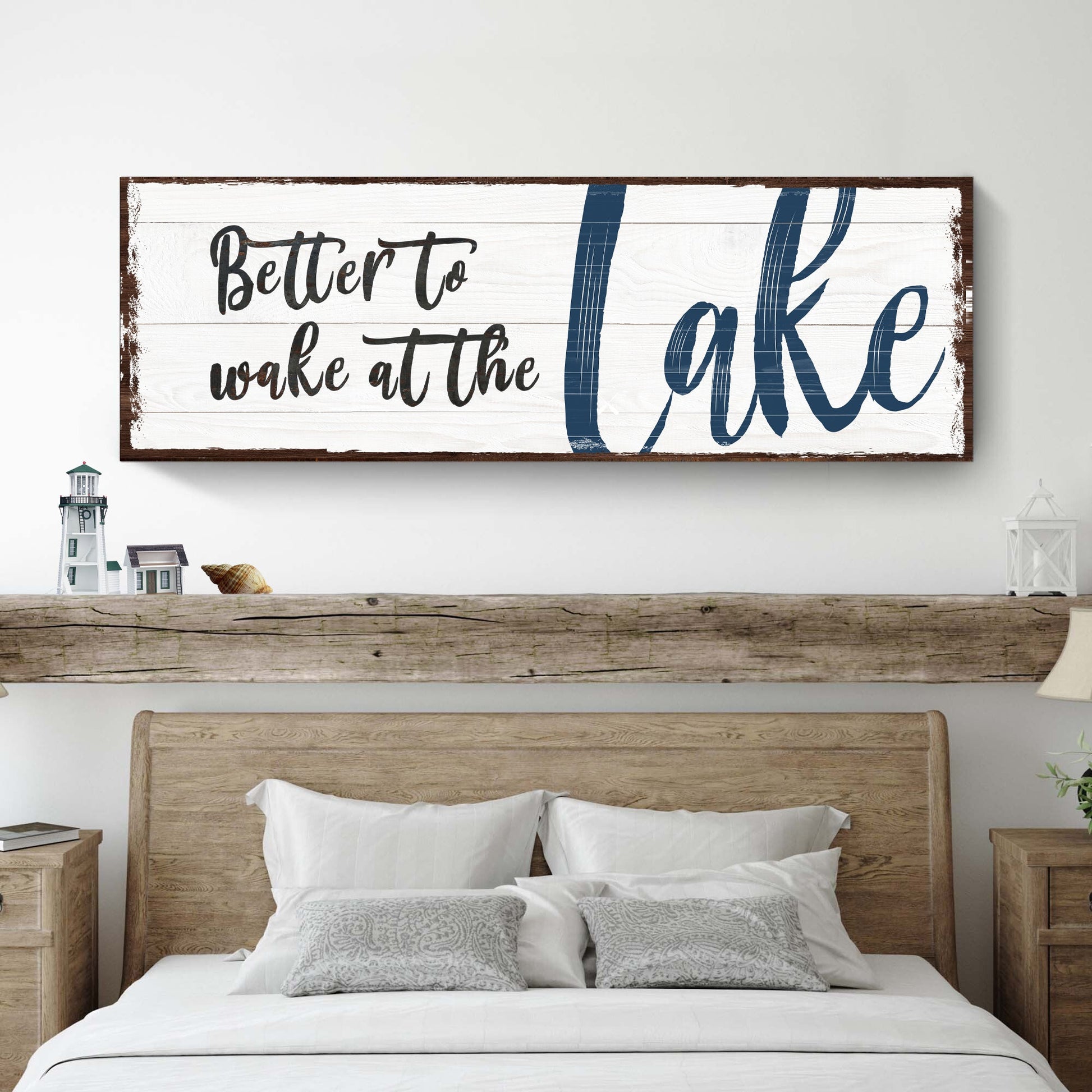 Canvas sign Better To Wake At The Lake on whitewashed plank with dark script and blue Lake on Tampa Home & Garden Store