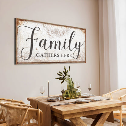 Family Gathers Here canvas sign with floral border rustic frame Tailored Canvases on Tampa Home & Garden Store