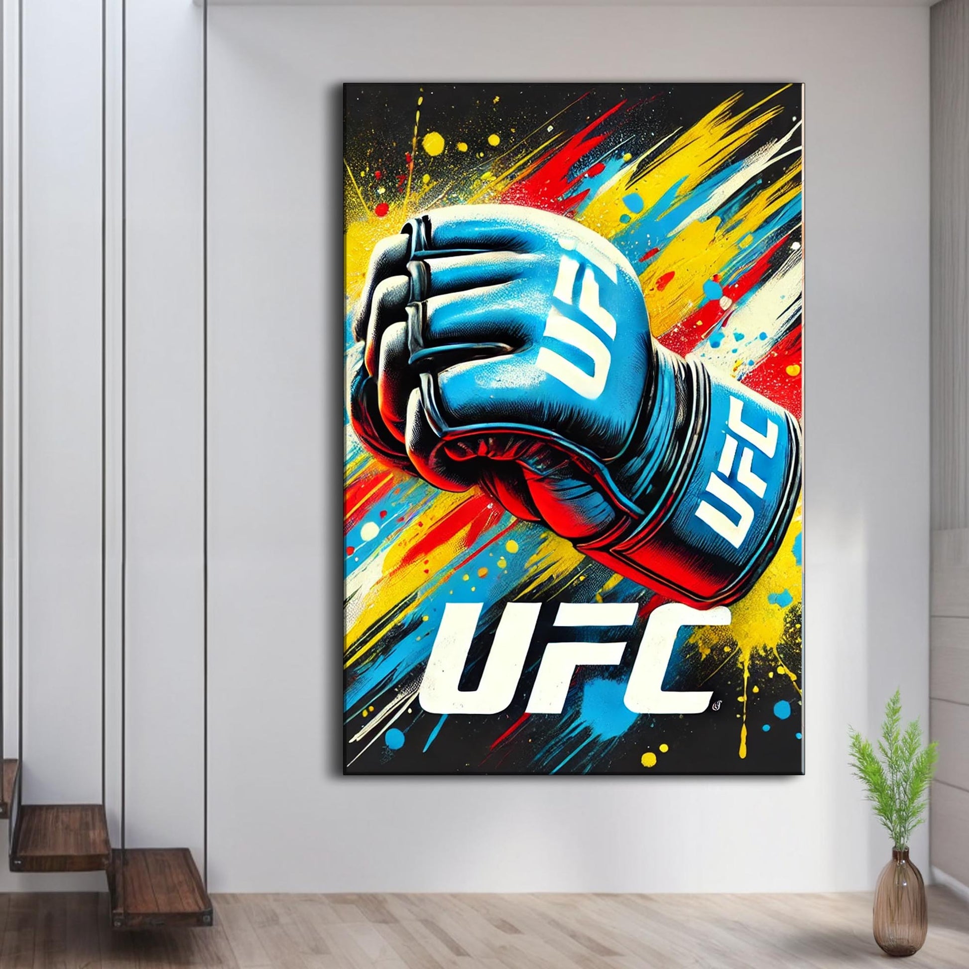 Power Strike sport canvas wall art featuring a blue boxing glove against a vibrant paint-splashed background on Tampa Home & Garden Store