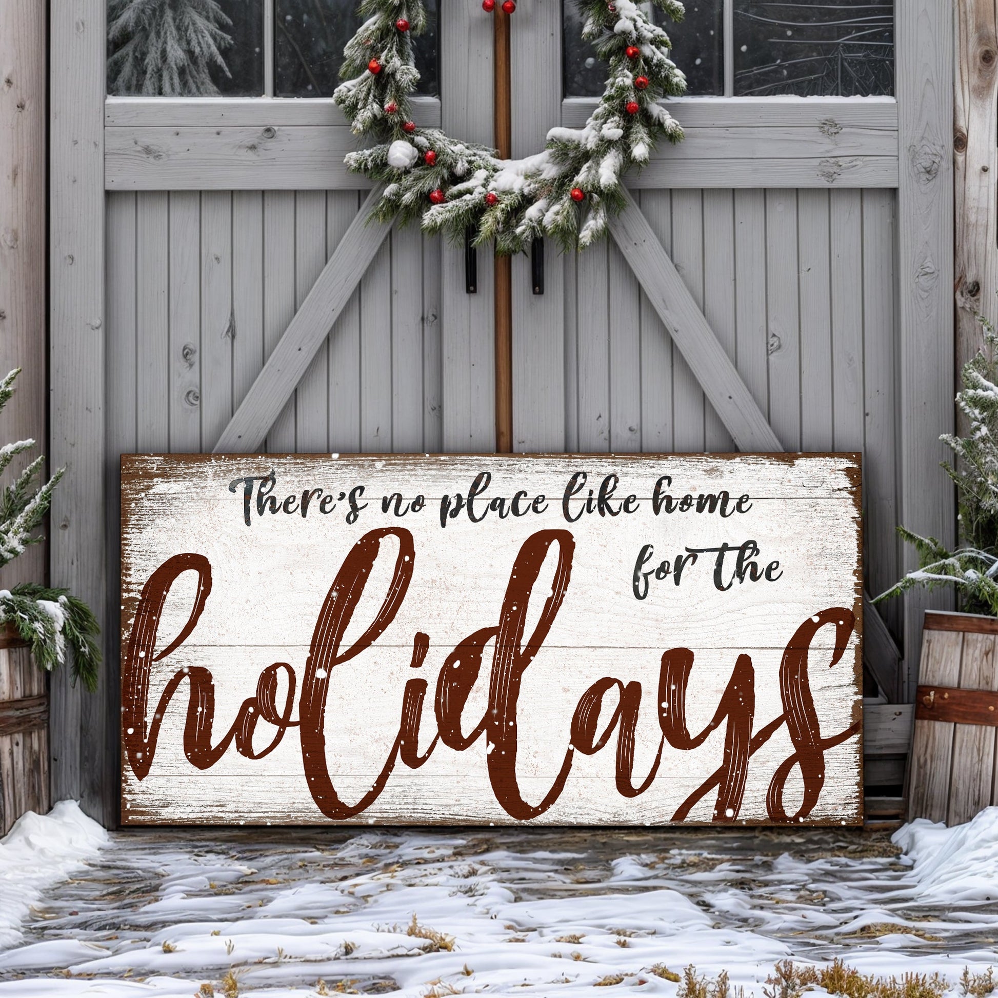 Tailored Canvases canvas sign There's no place like home with a snow-dusted wreath on rustic wood on Tampa Home & Garden Store