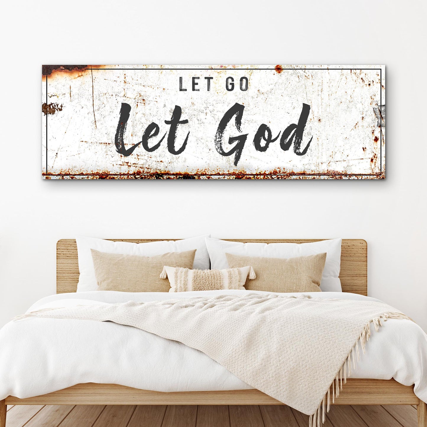 Let Go Let God faith sign canvas rustic white with a black border by Tailored Canvases on Tampa Home & Garden Store