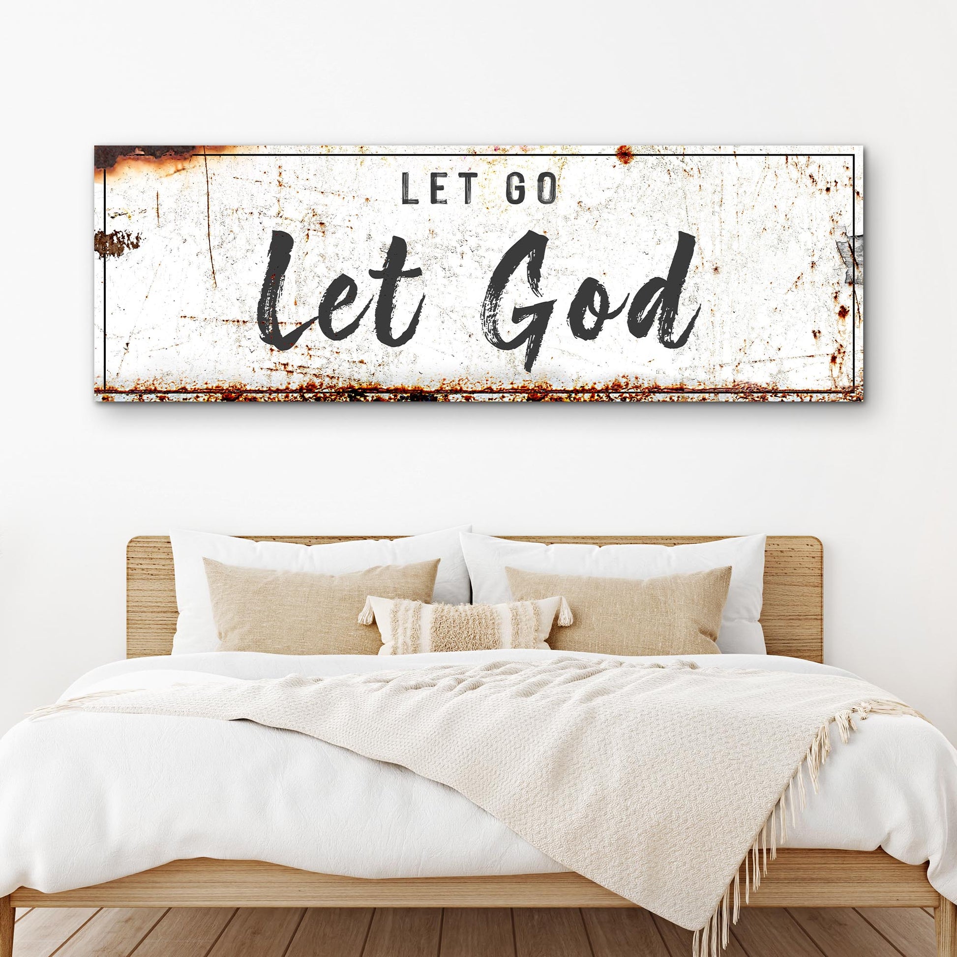 Let Go Let God faith sign canvas rustic white with a black border by Tailored Canvases on Tampa Home & Garden Store