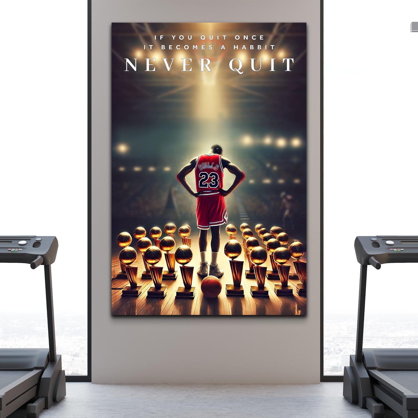 Tailored Canvases Never Quit sport wall art canvas featuring basketball player #23 trophies on Tampa Home & Garden Store
