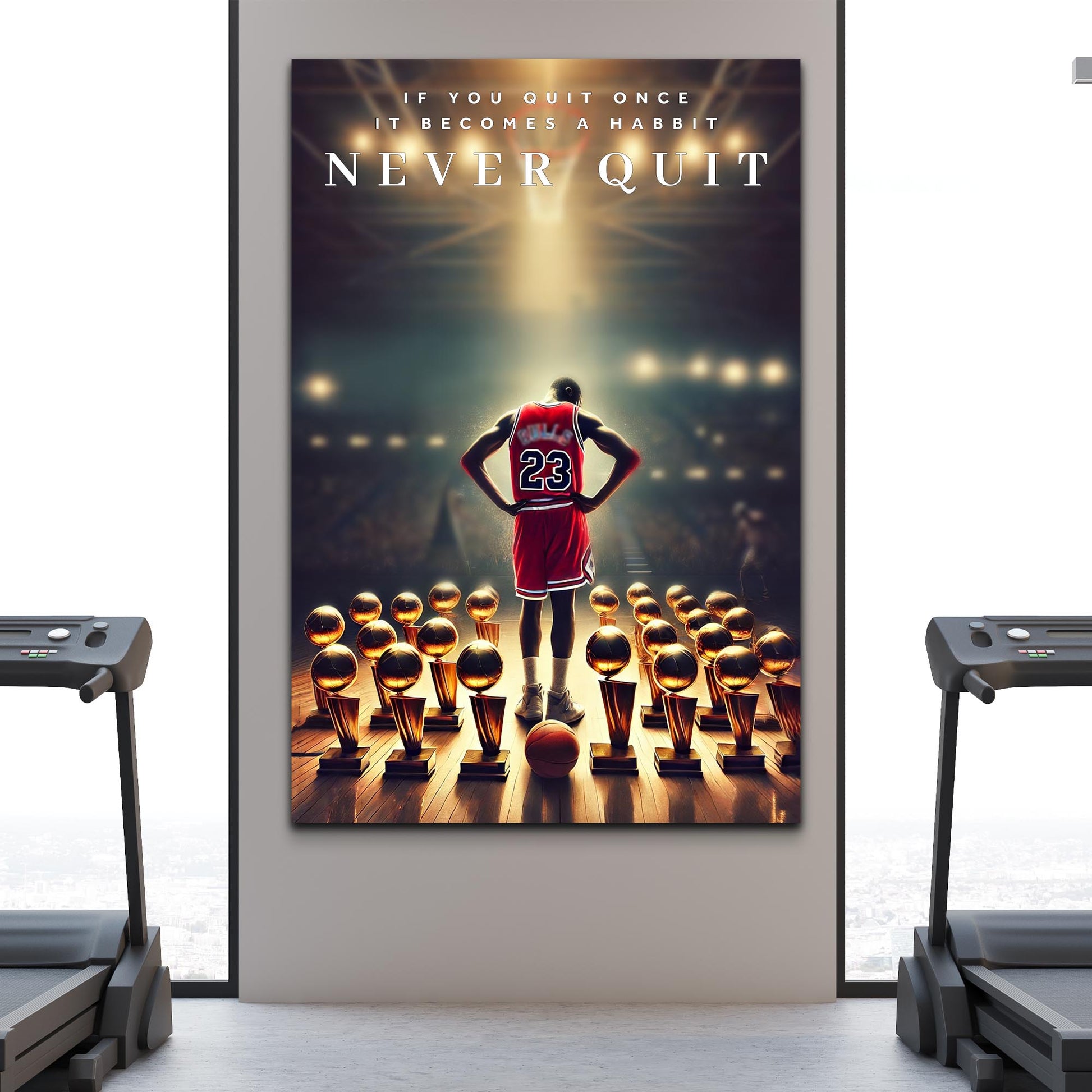 Tailored Canvases Never Quit sport wall art canvas featuring basketball player #23 trophies on Tampa Home & Garden Store