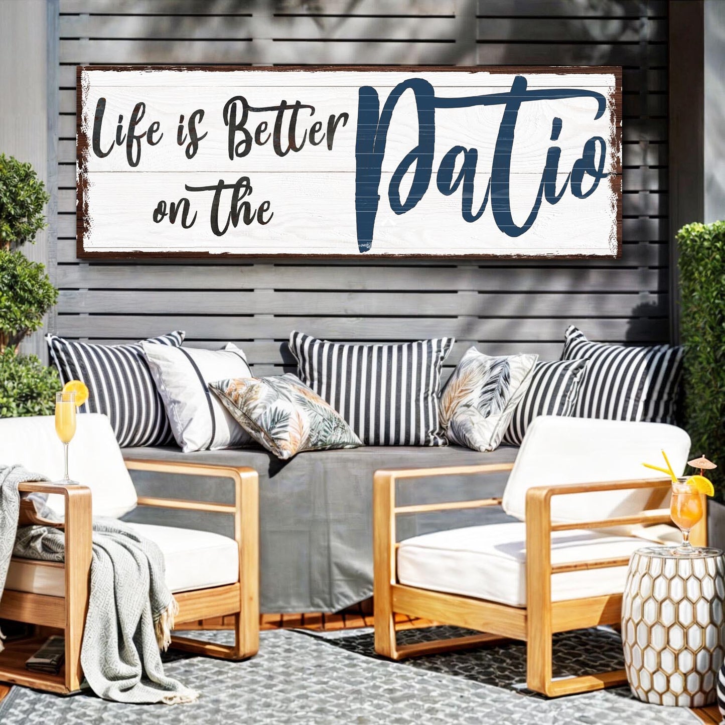 Life Is Better On The Patio Sign III canvas by Tailored Canvases with blue script on white wood on Tampa Home & Garden Store