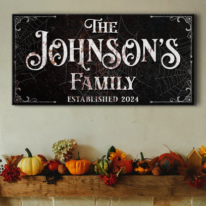 Personalized Gothic canvas sign with white lettering The Johnsons Family cobweb border on Tampa Home & Garden Store
