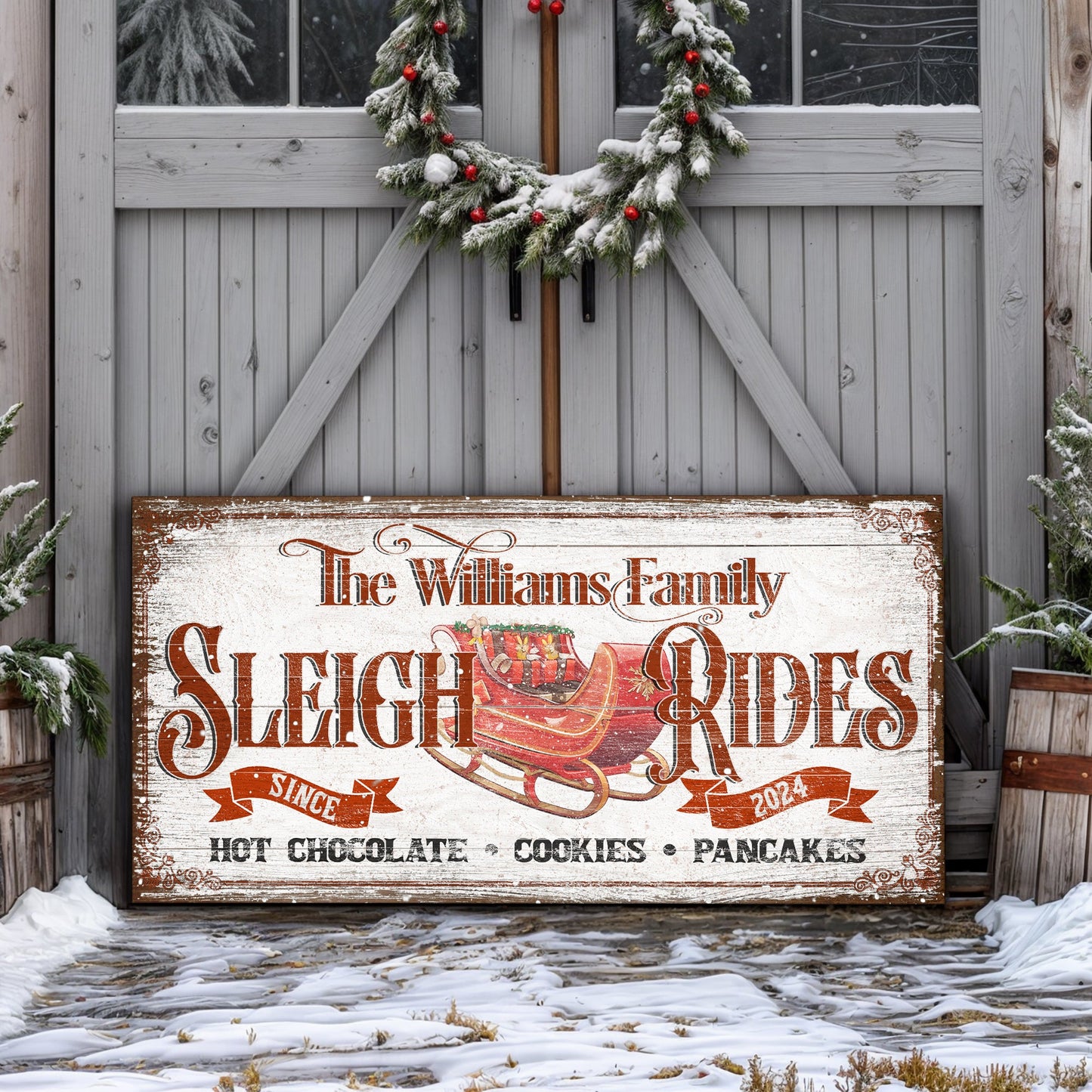 Sleigh Rides Christmas Sign V canvas by Tailored Canvases on a rustic wood backdrop on Tampa Home & Garden Store