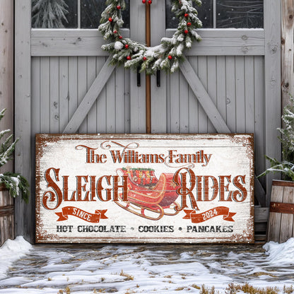 Sleigh Rides Christmas Sign V canvas by Tailored Canvases on a rustic wood backdrop on Tampa Home & Garden Store