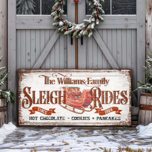 Sleigh Rides Christmas Sign V canvas by Tailored Canvases on a rustic wood backdrop on Tampa Home & Garden Store