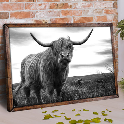 Highland cow pair black and white portrait canvas wall art in wooden frame by Tailored Canvases on Tampa Home & Garden Store