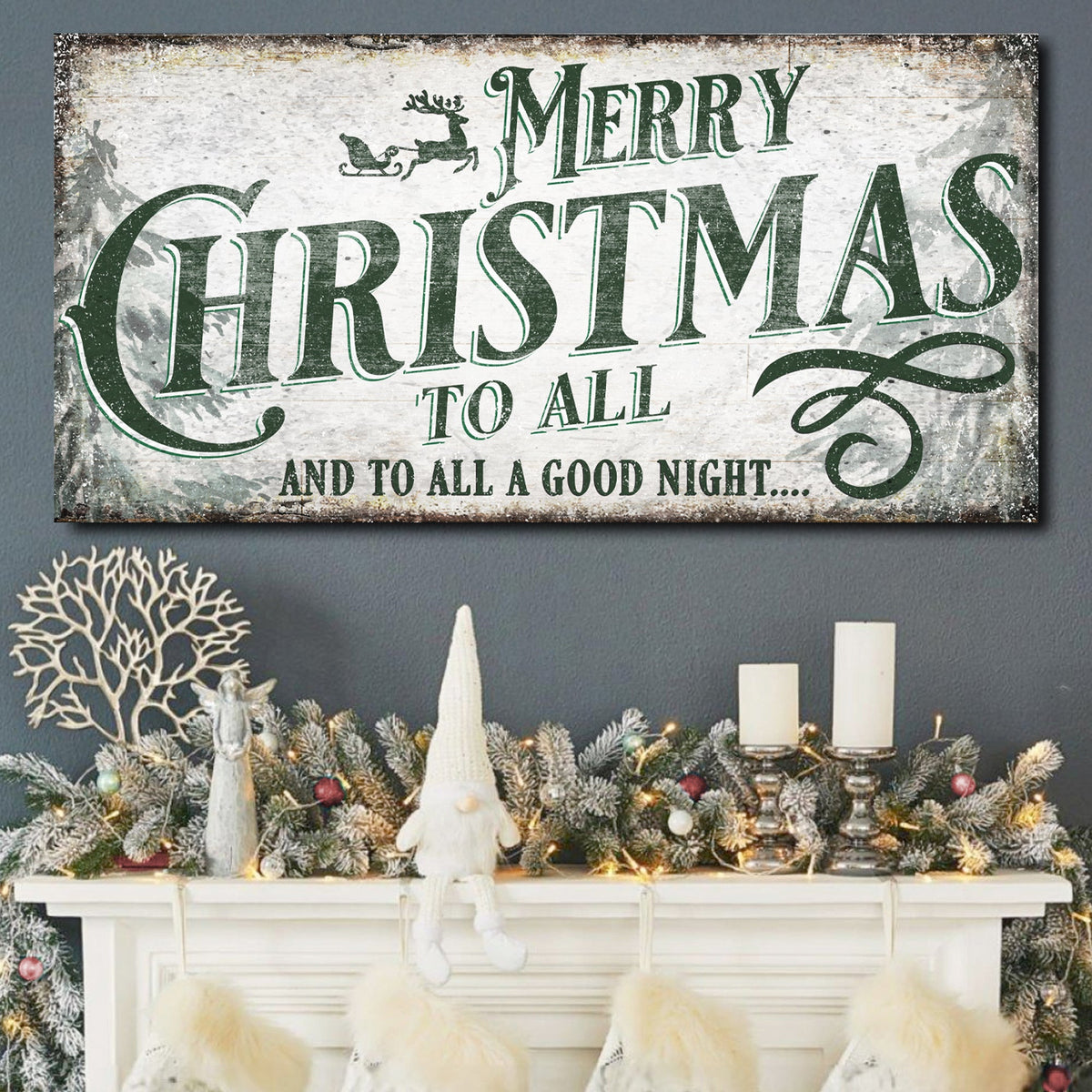 Merry Christmas To All And Goodnight II canvas with green lettering on rustic white canvas on Tampa Home & Garden Store
