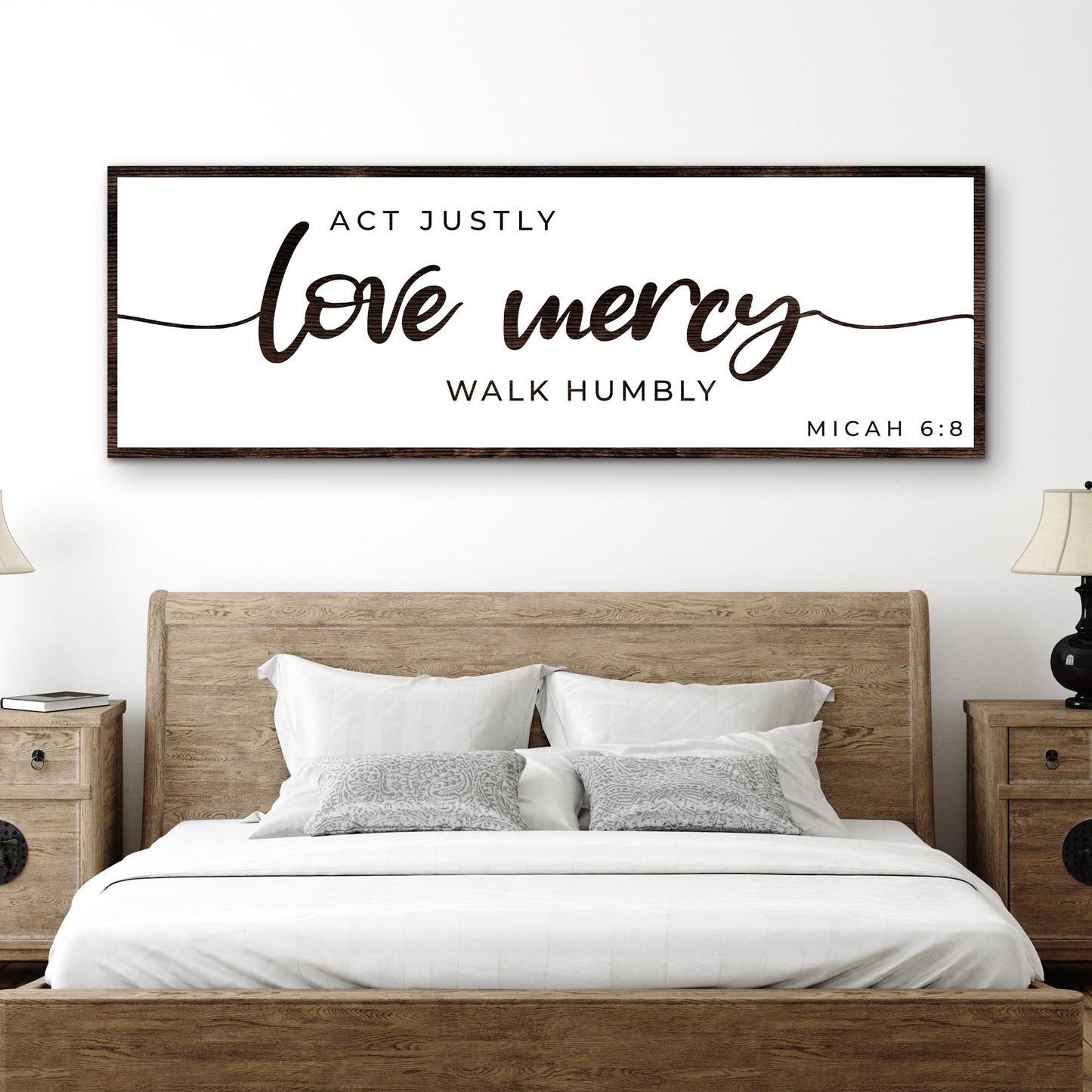 Canvas sign with dark wood frame displaying Act Justly Love Mercy Walk Humbly Micah 6:8 on Tampa Home & Garden Store