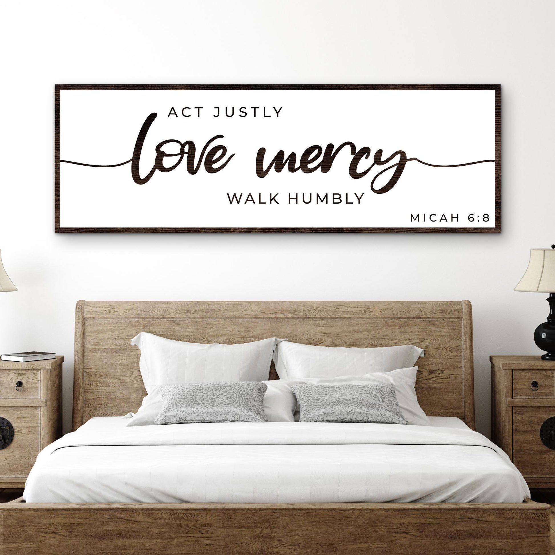 Canvas sign with dark wood frame displaying Act Justly Love Mercy Walk Humbly Micah 6:8 on Tampa Home & Garden Store