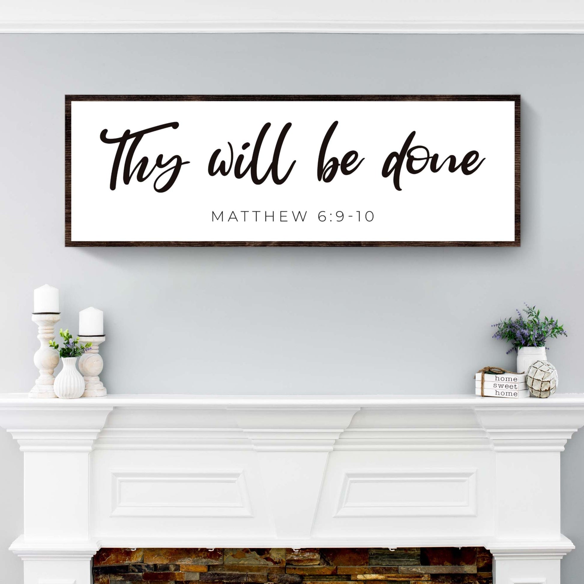 Thy Will Be Done Faith Sign III crafting canvas with black cursive text on white background in a dark wood frame on Tampa Home & Garden Store