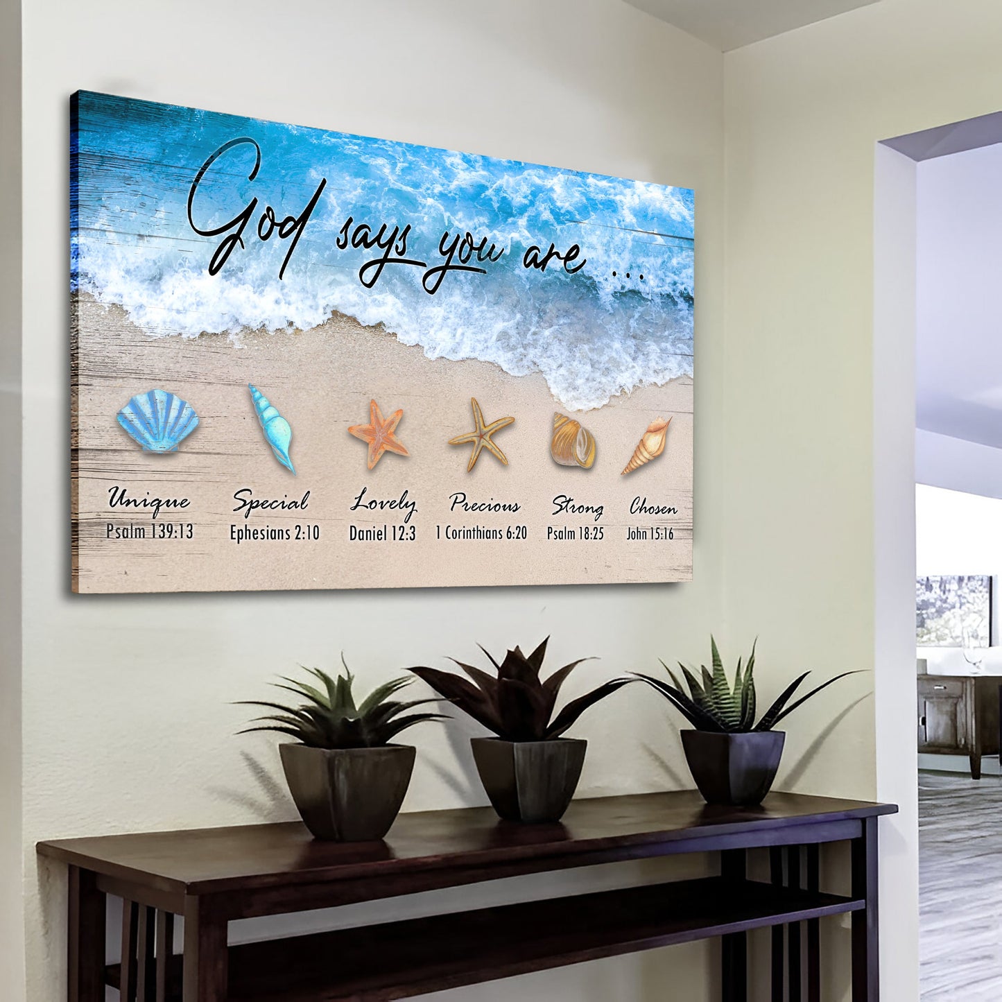 Canvas God Says You Are Faith Sign II by Tailored Canvases, beach scene with shells on Tampa Home & Garden Store
