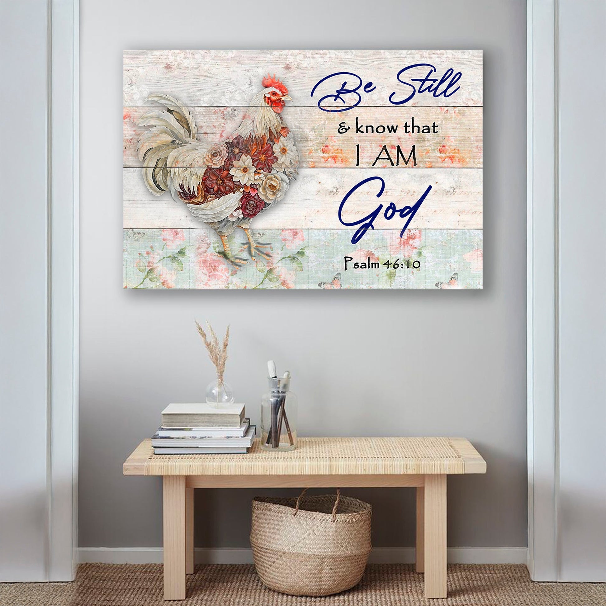 Be Still Faith Sign II crafting canvas with white rooster on distressed wood; blue Be Still text on Tampa Home & Garden Store