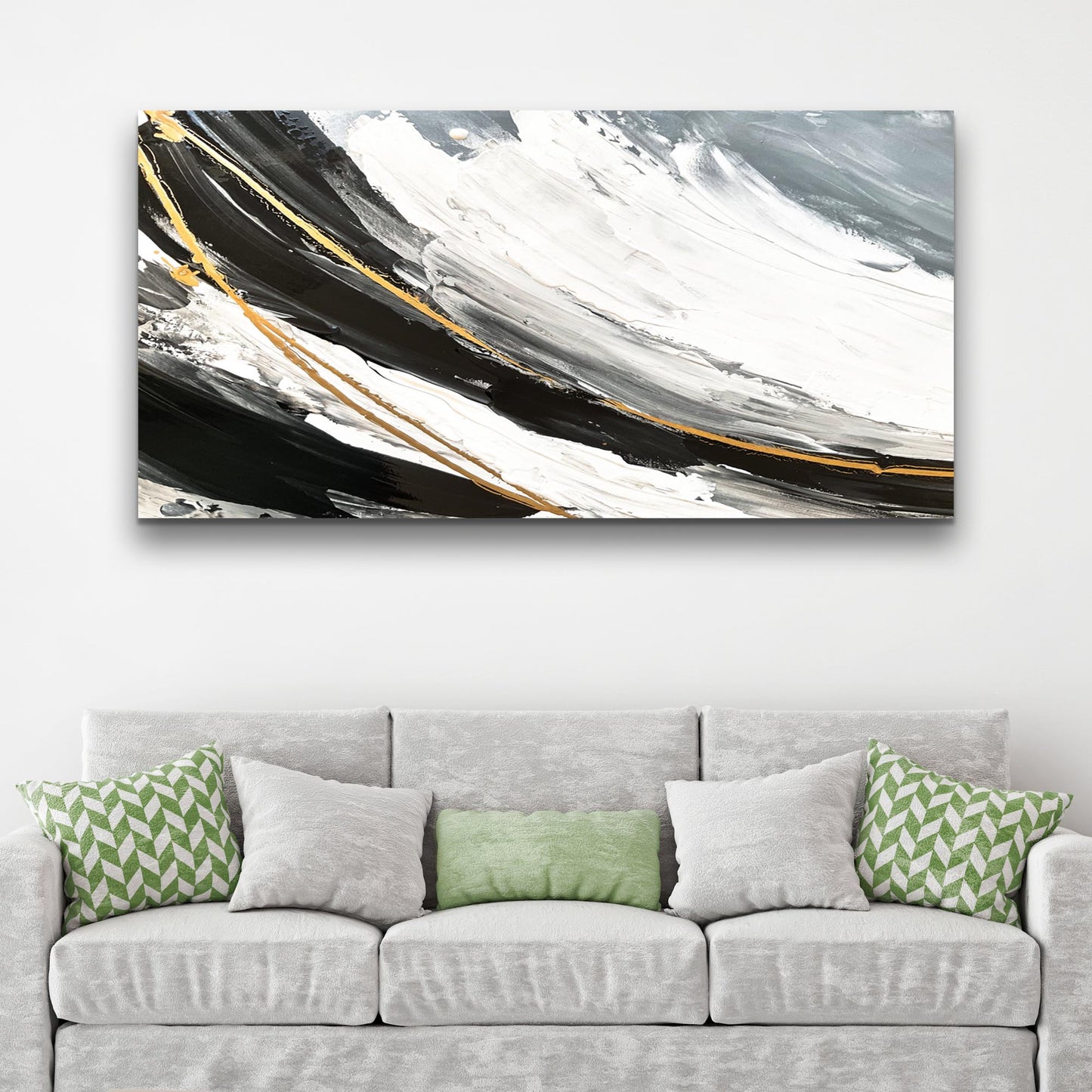 Modern Abstract Shadows canvas wall art by Tailored Canvases in black white gray with gold accents on Tampa Home & Garden Store