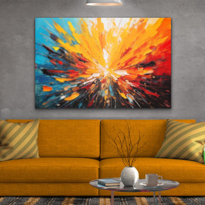 Modern Color Burst Wall Art canvas with bold blue yellow orange hues by Tailored Canvases on Tampa Home & Garden Store