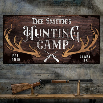 Family Hunting Camp Sign canvas by Tailored Canvases, dark woodgrain with white serif lettering and antler accents on Tampa Home & Garden Store
