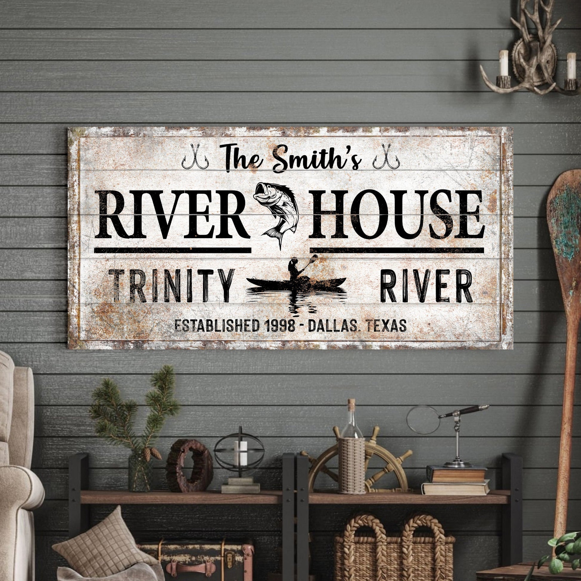 Personalized River House II canvas sign by Tailored Canvases with rustic white panel on Tampa Home & Garden Store