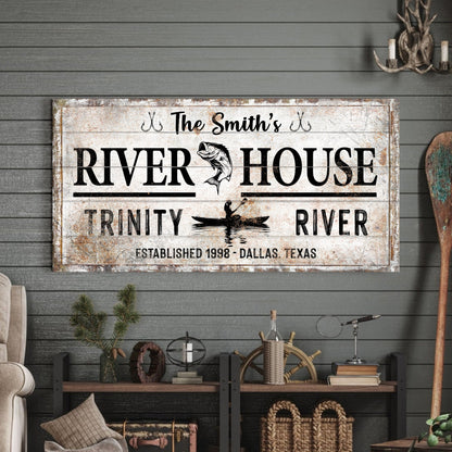 Personalized River House II canvas sign by Tailored Canvases with rustic white panel on Tampa Home & Garden Store