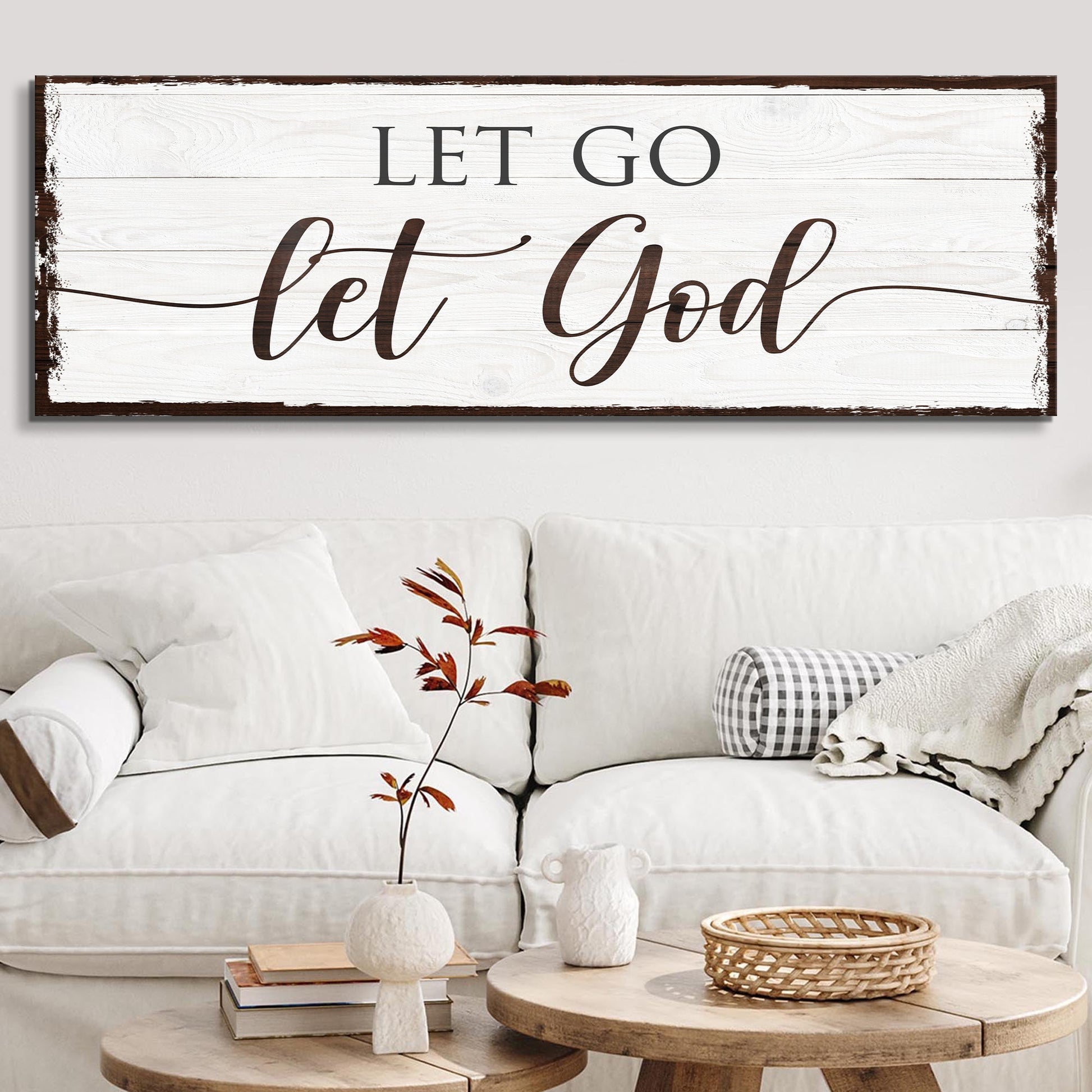 Let Go Let God canvas sign by Tailored Canvases, whitewashed wood with dark frame on Tampa Home & Garden Store