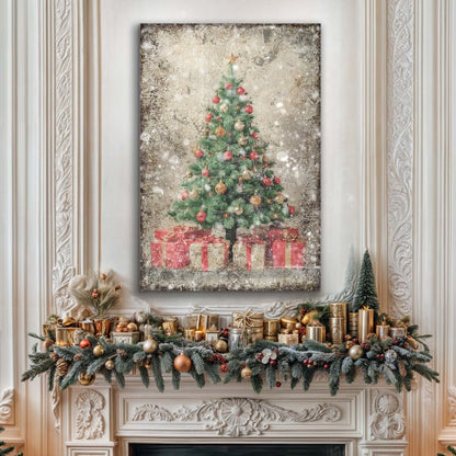 Vintage Christmas Tree With Gifts Wall Art III canvas; tree with red and gold ornaments on Tampa Home & Garden Store