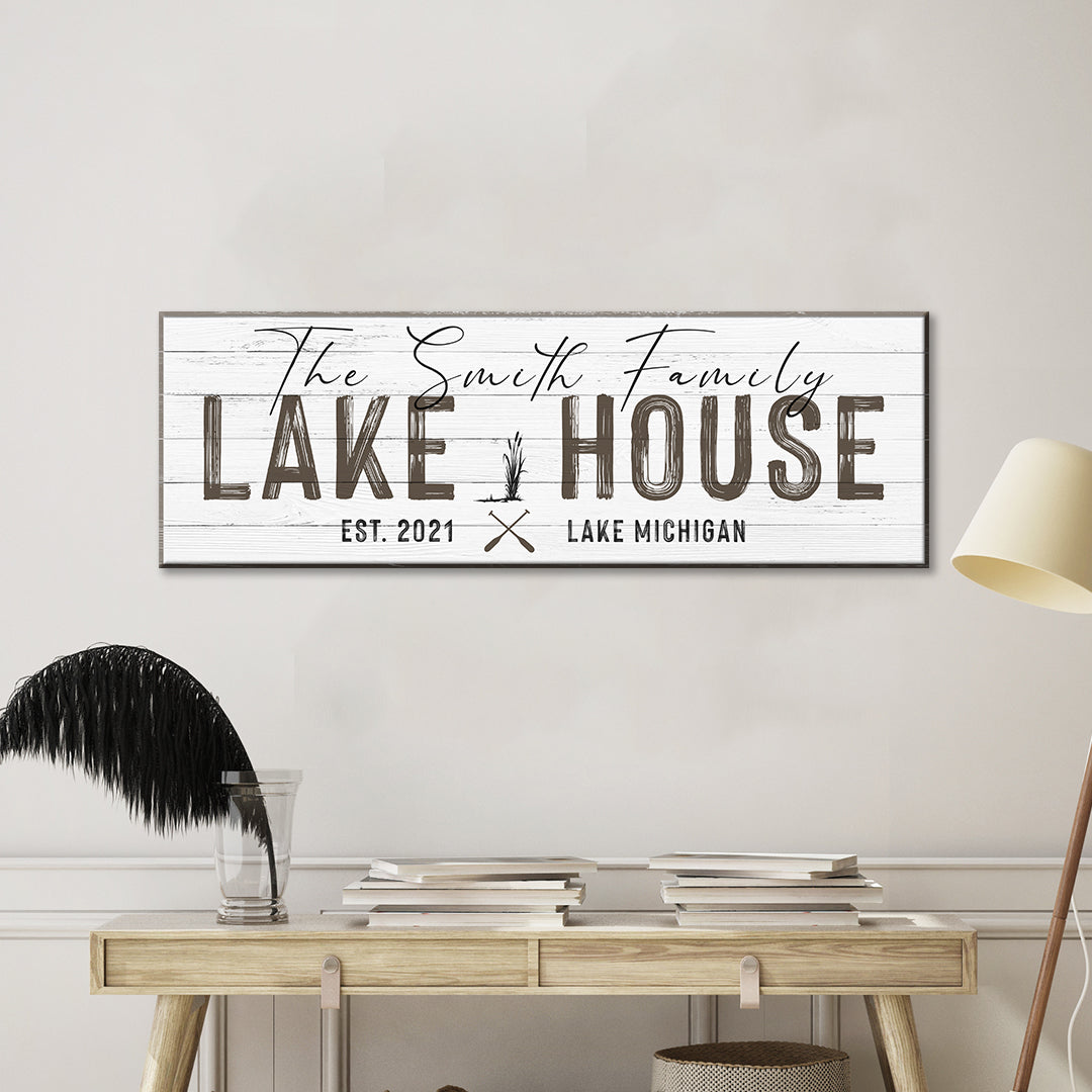 Classic Family Lake House Sign canvas on white wood planks Tailored Canvases Crafting Canvas on Tampa Home & Garden Store