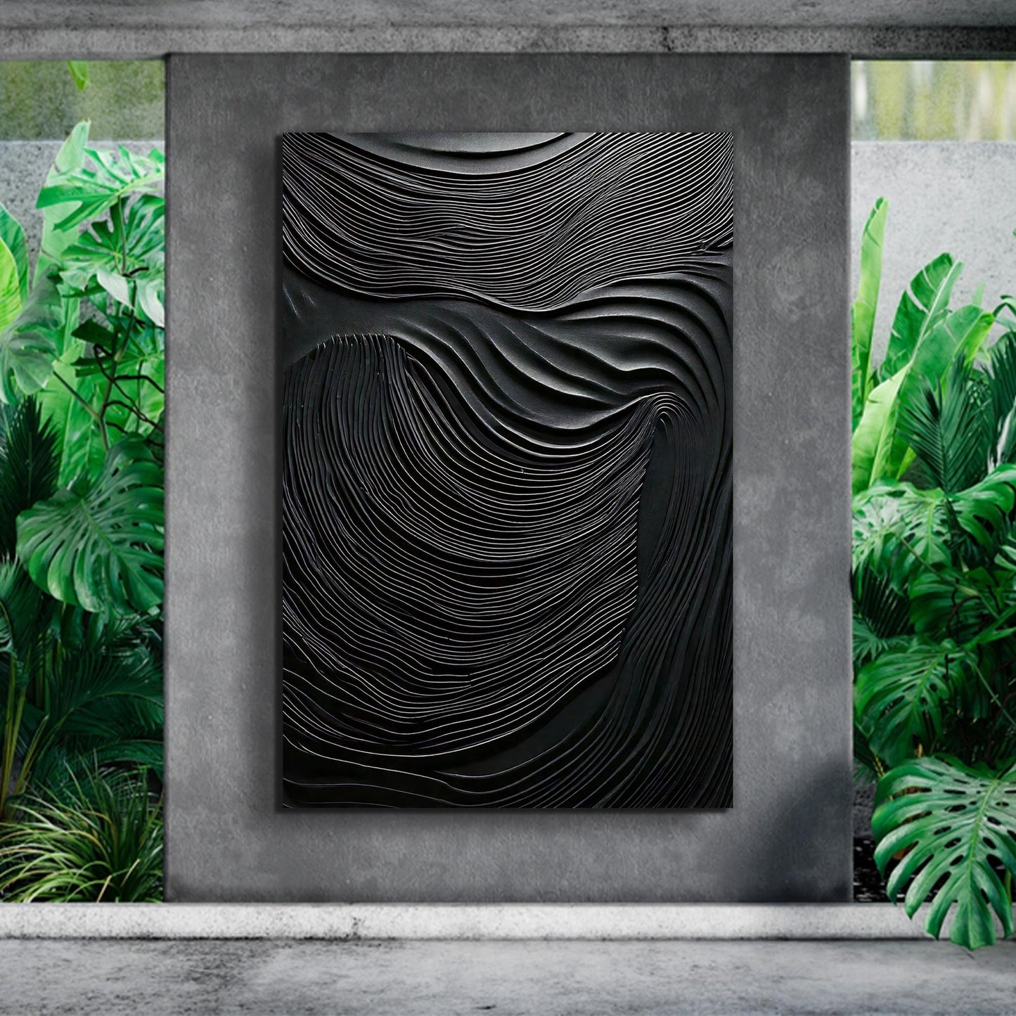Modern Black Wave Wall Art canvas with white curved wave lines by Tailored Canvases on Tampa Home & Garden Store