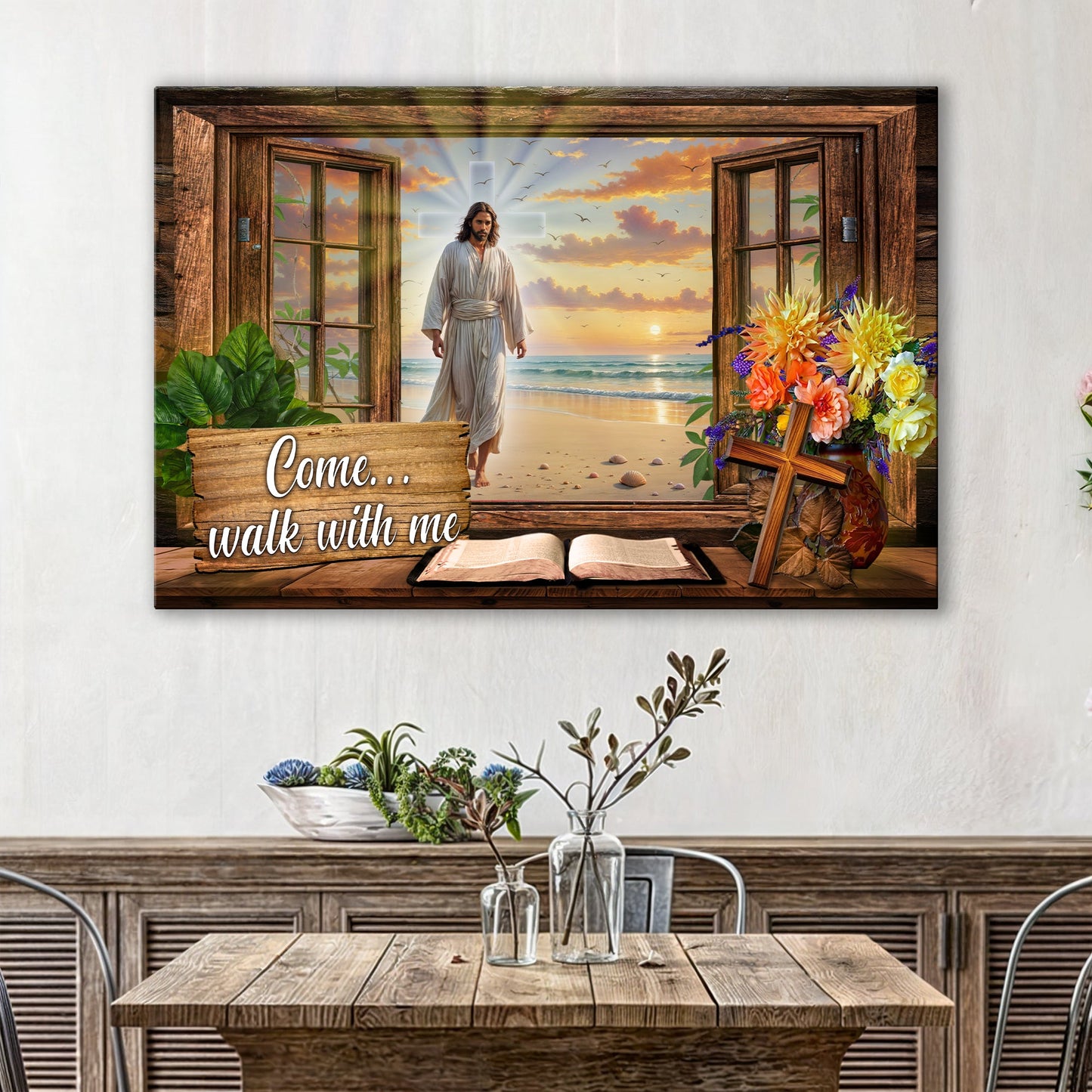Canvas Come Walk With Me Jesus Faith Sign Tailored Canvases rustic window frame Jesus on a beach on Tampa Home & Garden Store