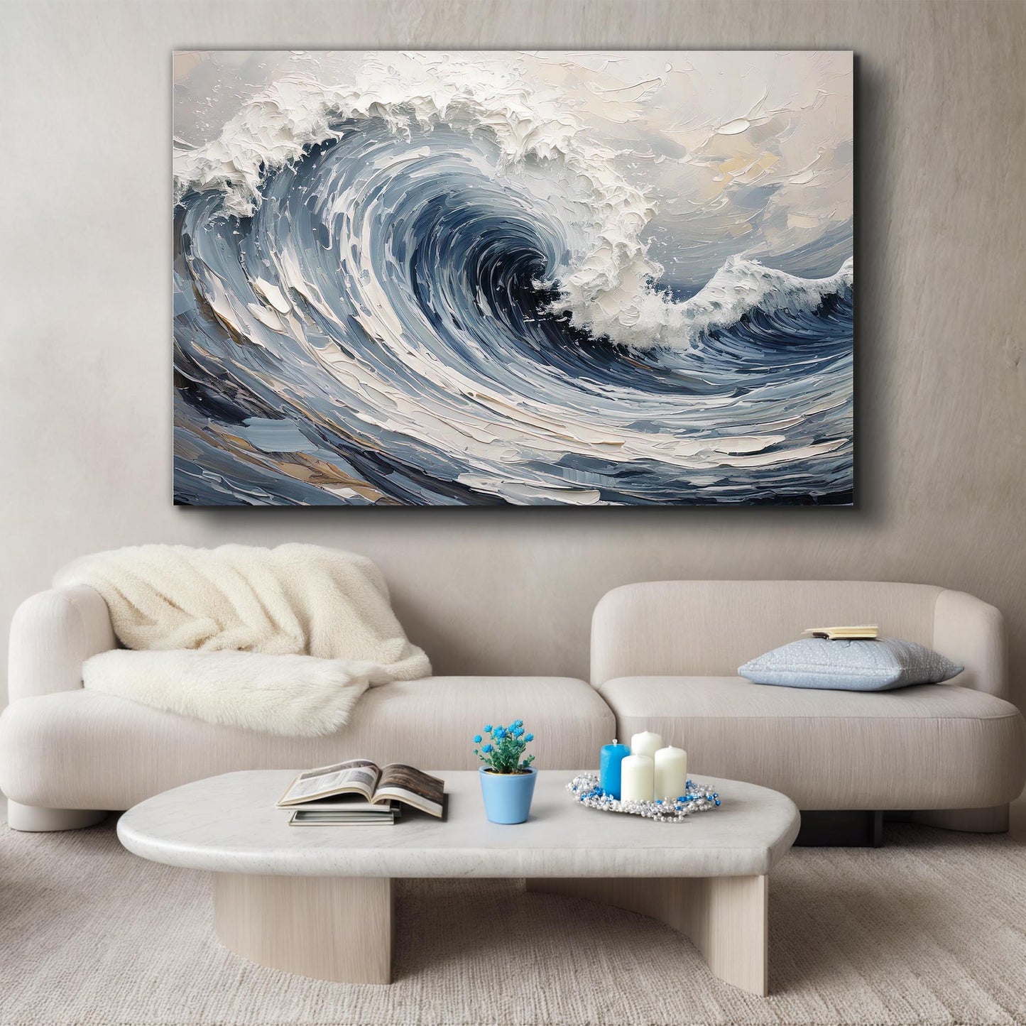 Modern Ocean Wave Wall Art canvas by Tailored Canvases, textured blue white impasto waves on Tampa Home & Garden Store
