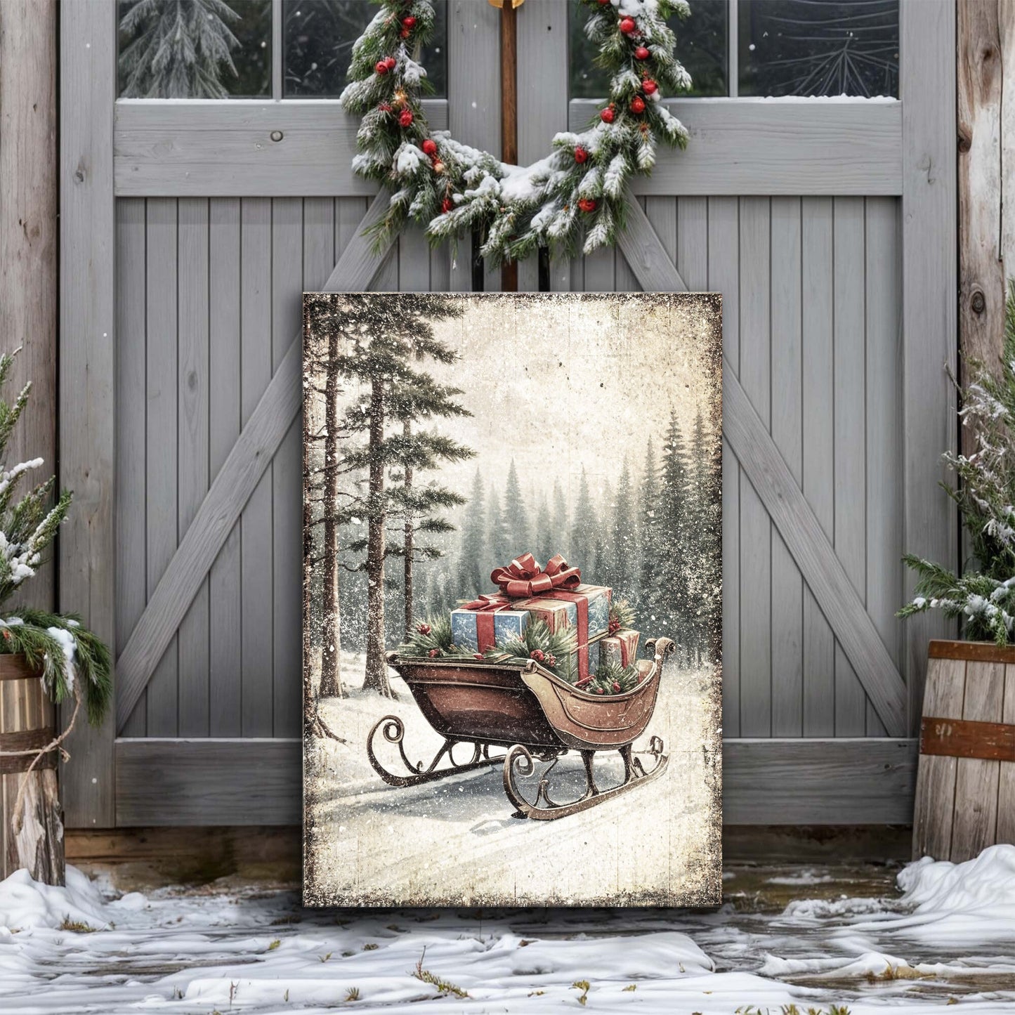 Vintage Christmas Sleigh Sled Wall Art III canvas Tailored Canvases with snowy forest scene on Tampa Home & Garden Store