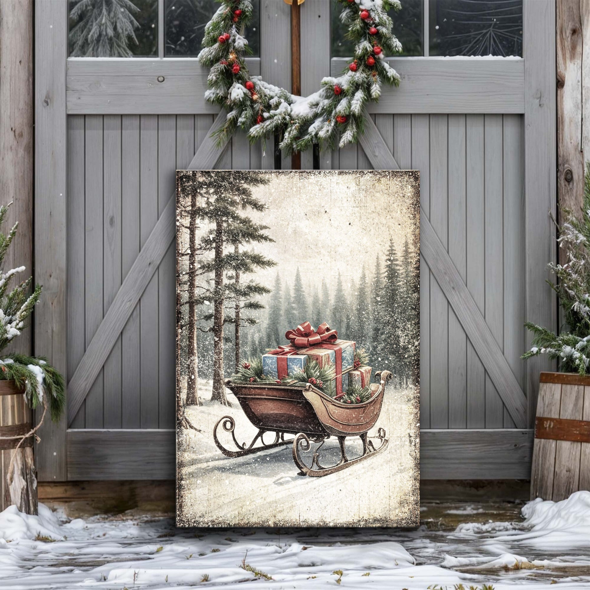 Vintage Christmas Sleigh Sled Wall Art III canvas Tailored Canvases with snowy forest scene on Tampa Home & Garden Store