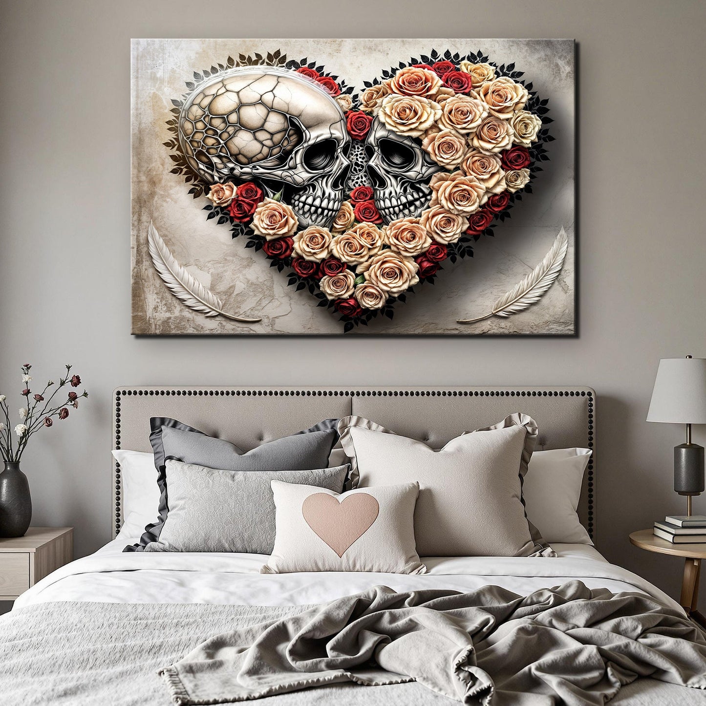 Skull and Flowers Wall Art VII canvas twin skulls with peach cream roses on textured backdrop on Tampa Home & Garden Store