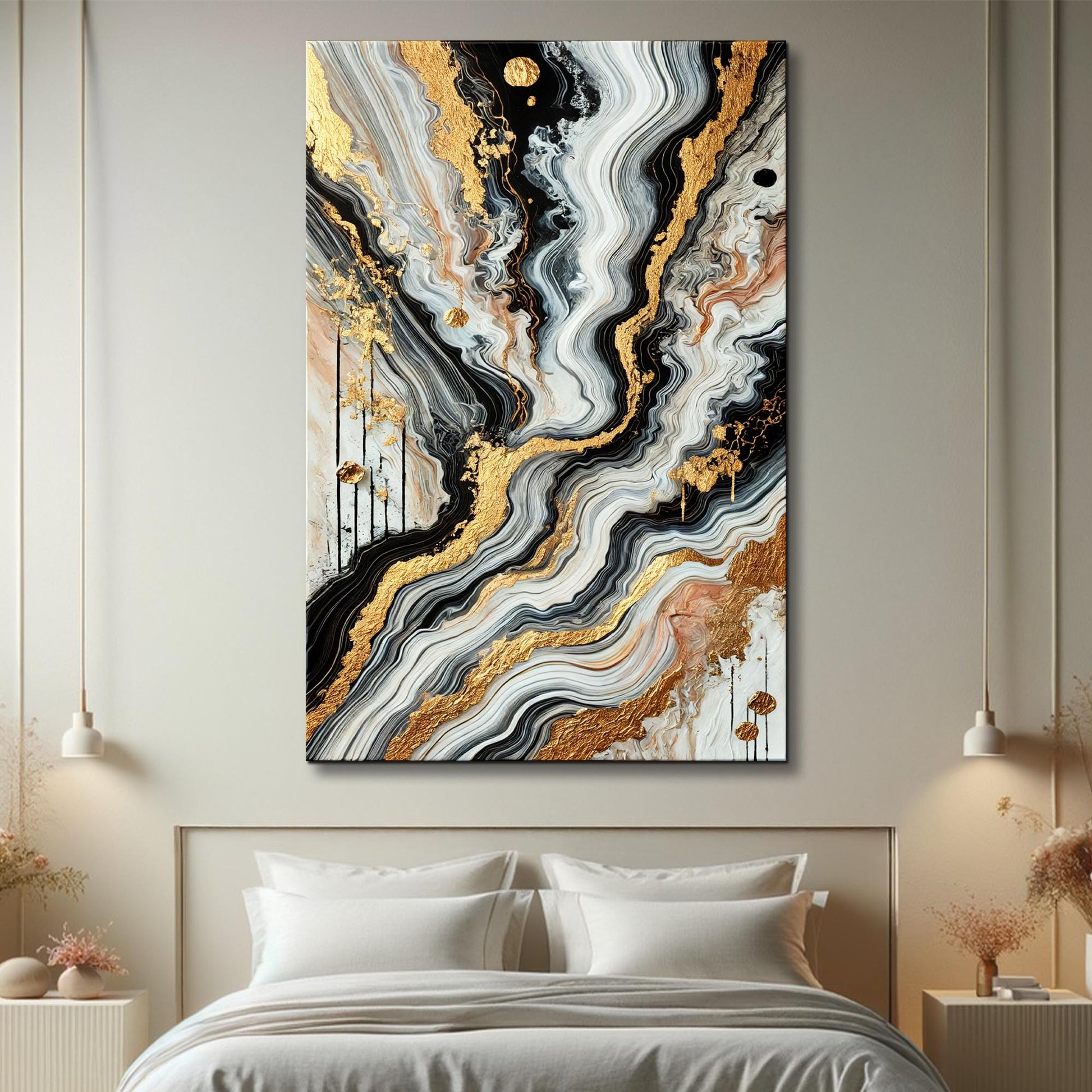 Modern Marble Wall Art canvas by Tailored Canvases with gold accents in black & gray on Tampa Home & Garden Store