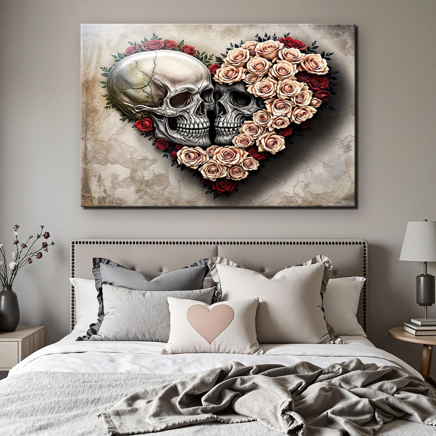 Skull and Flowers IX canvas by Tailored Canvases, two gray skulls amid beige-pink roses on Tampa Home & Garden Store