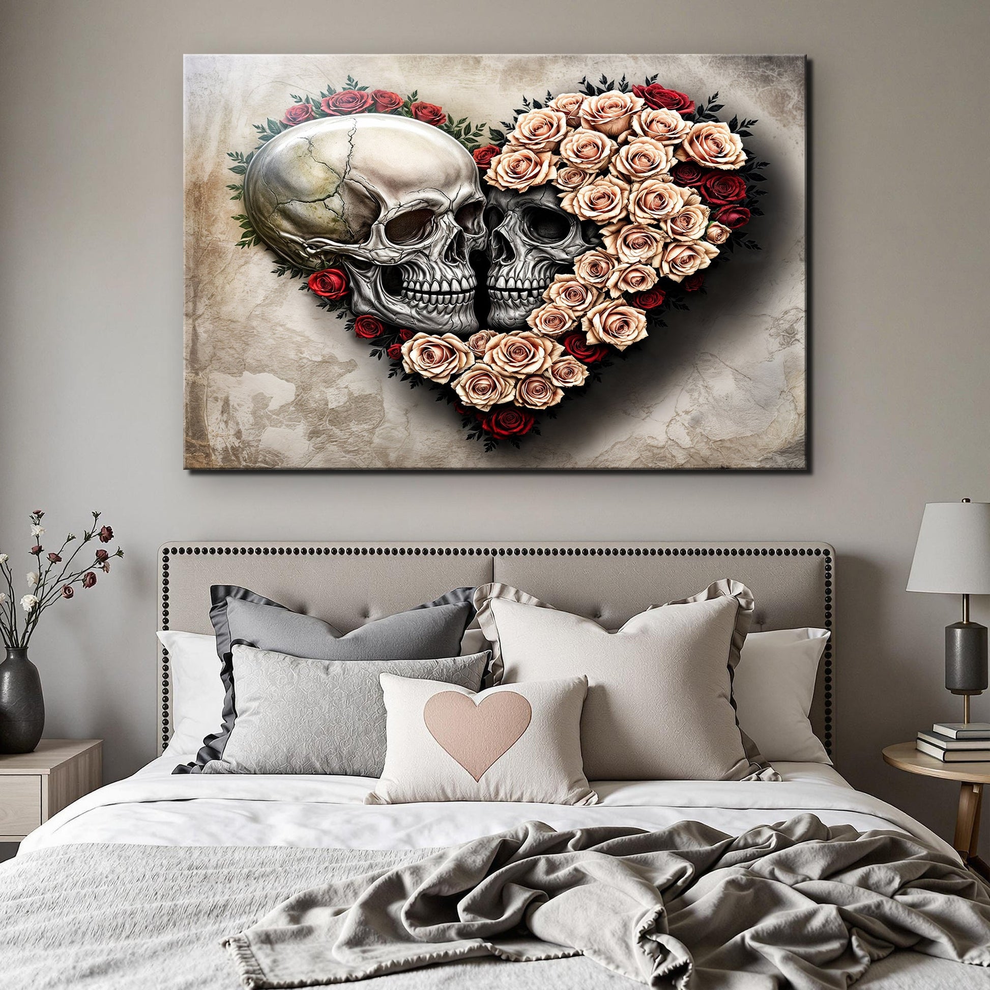Skull and Flowers IX canvas by Tailored Canvases, two gray skulls amid beige-pink roses on Tampa Home & Garden Store