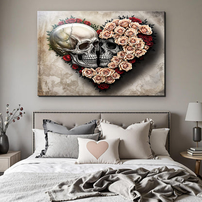 Skull and Flowers IX canvas by Tailored Canvases, two gray skulls amid beige-pink roses on Tampa Home & Garden Store