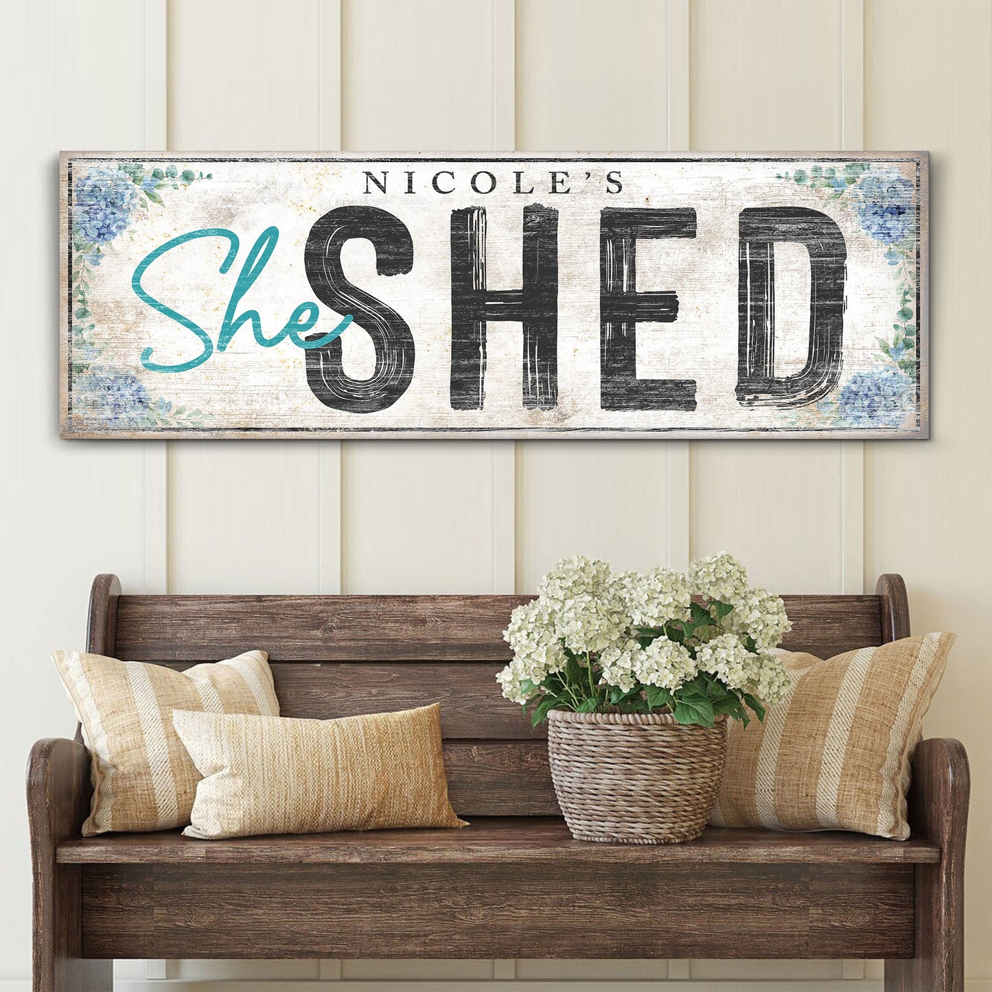 She Shed Sign XI canvas teal script She bold SHED lettering floral corners Tailored Canvases on Tampa Home & Garden Store